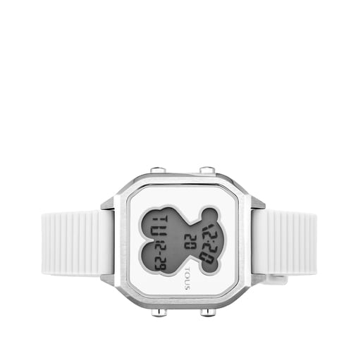 Orologio digitale D-Bear Teen in acciaio con cinturino in silicone bianco