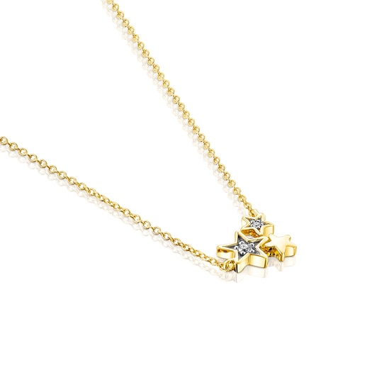 Gold Teddy Bear Stars Necklace with Diamonds