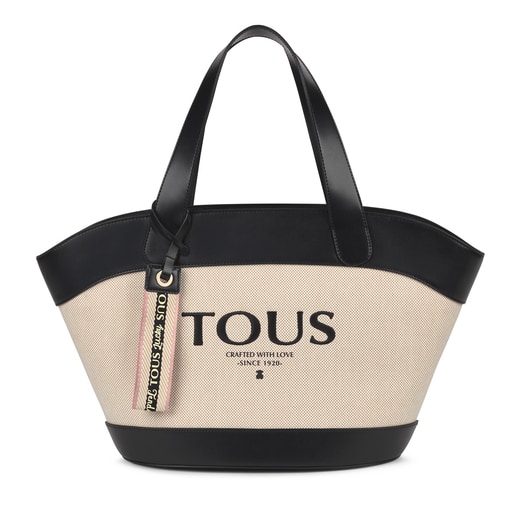 Beige and black T Cotton tote bag