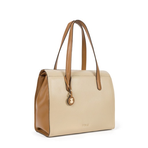 Tan-beige Leather Rose Bear Shopping Bag