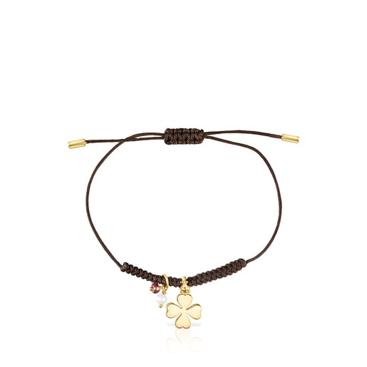 Silver Vermeil TOUS Good Vibes clover Bracelet with Gemstones and brown Cord