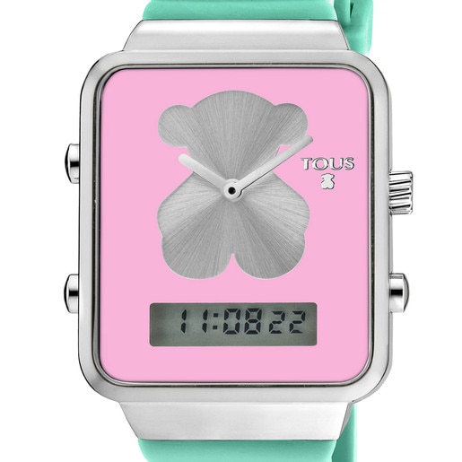 緑のシリコンバンドが付いたステンレスのデジタル腕時計 I-Bear