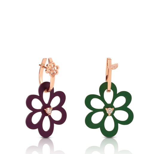 Rose Gold purple and green Titanium Flower ATELIER Hoop earrings with Diamonds