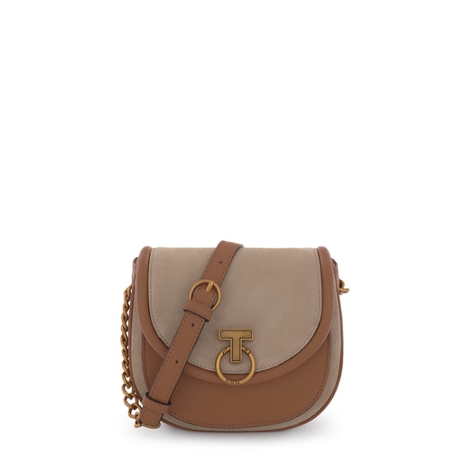 Brown/beige T Hold Chain leather crossbody bag