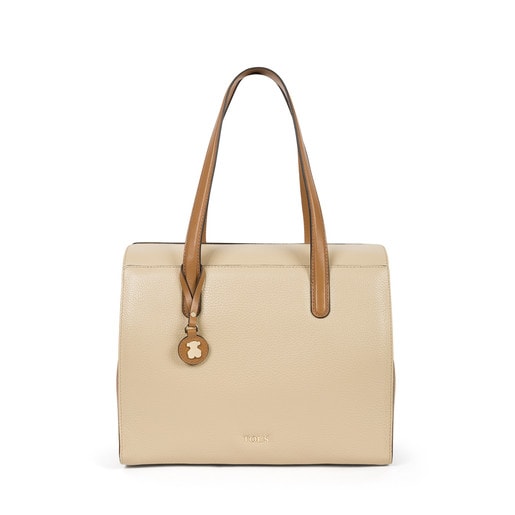 Tan-beige Leather Rose Bear Shopping Bag