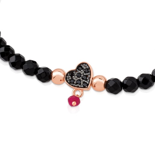 Rose Vermeil Silver TOUS Motif Bracelet with spinels and faceted onyx. Heart motif