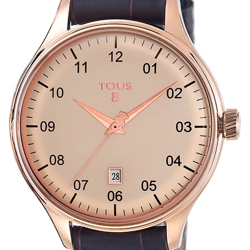 茶色い革バンドが付いた ピンクのステンレス IP 腕時計 1920