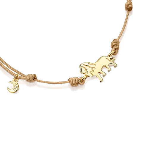 Pulsera Save león con baño de oro 18 kt sobre plata y Cordón beige