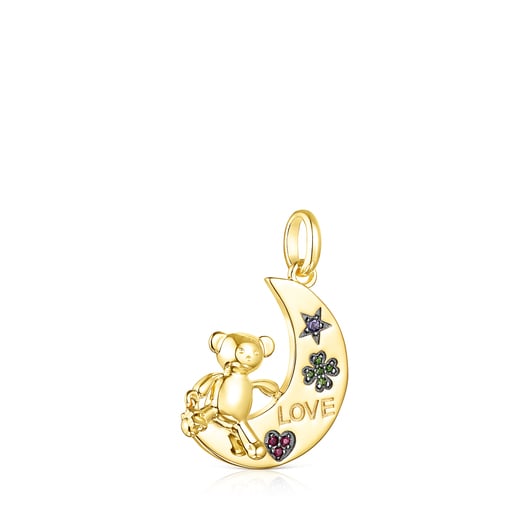 Pendentif Teddy Bear lune et ourson en Argent vermeil et Pierres précieuses