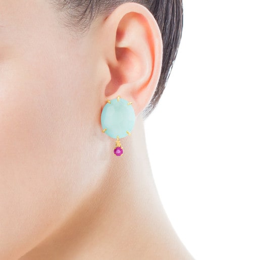 Gold Ethereal Earrings with Chalcedon and Ruby