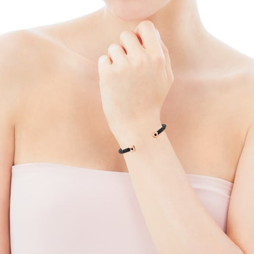 Bracelet Super Power en Cuir de couleur noire avec Argent Vermeil rose et Onyx