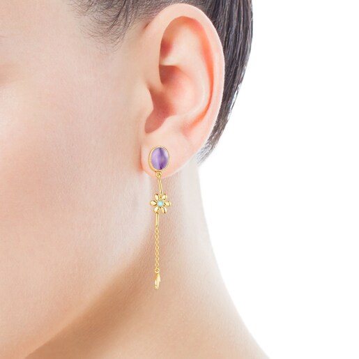Long Silver Vermeil Fragile Nature Earrings with Gemstones