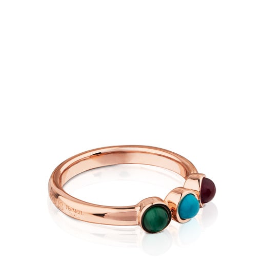 Rose Vermeil Silver Super Power Ring with Malachite, Turquoise and Ruby