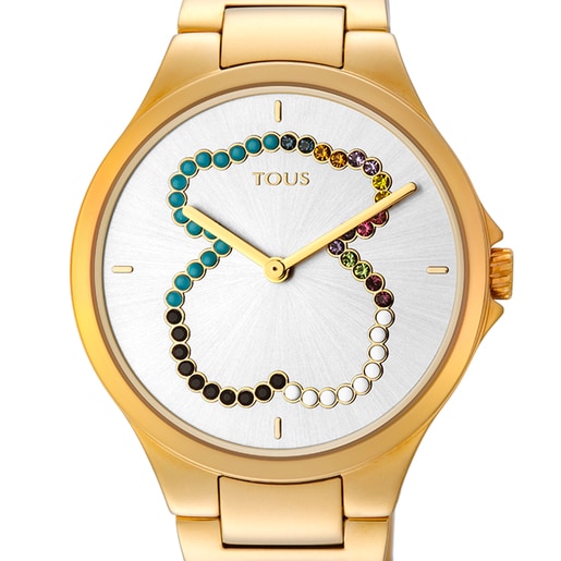 Gold-colored IP Steel bear Motion Straight Watch with crystals