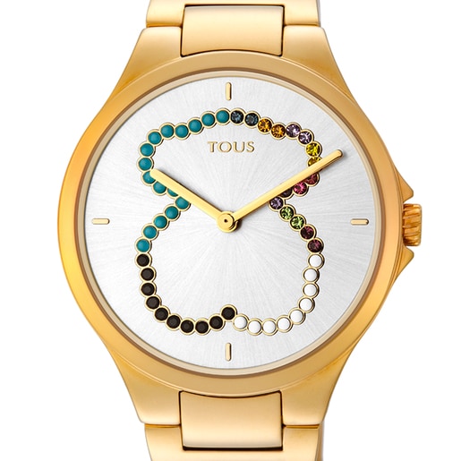 Gold-colored IP Steel bear Motion Straight Watch with crystals