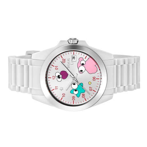 Steel Drive Fun Face Watch with white Silicone strap