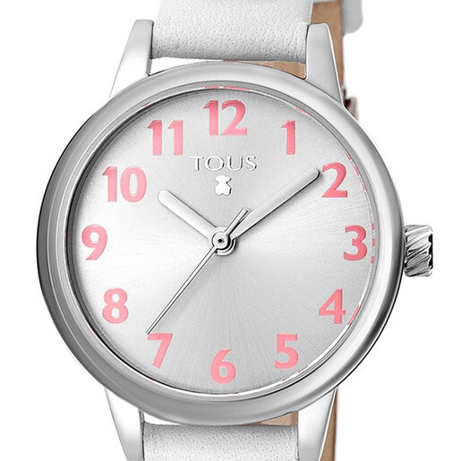 Uhr Dreamy aus Stahl mit weißem Lederarmband