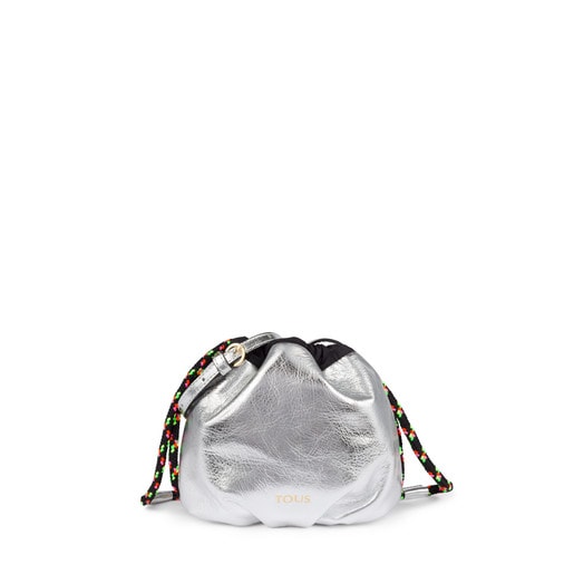 Mini silver colored Tulia Crack drawstring handbag